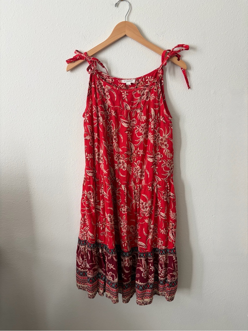 Beachlunchlounge Red Floral Tiered Tie Shoulder Mini Dress Sz M